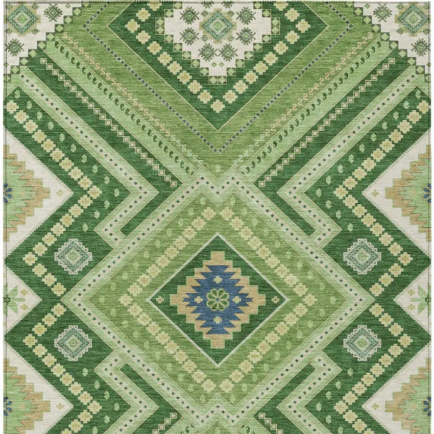 Green Ivory And Beige Tribal Washable Indoor Outdoor Area Rug Photo 5