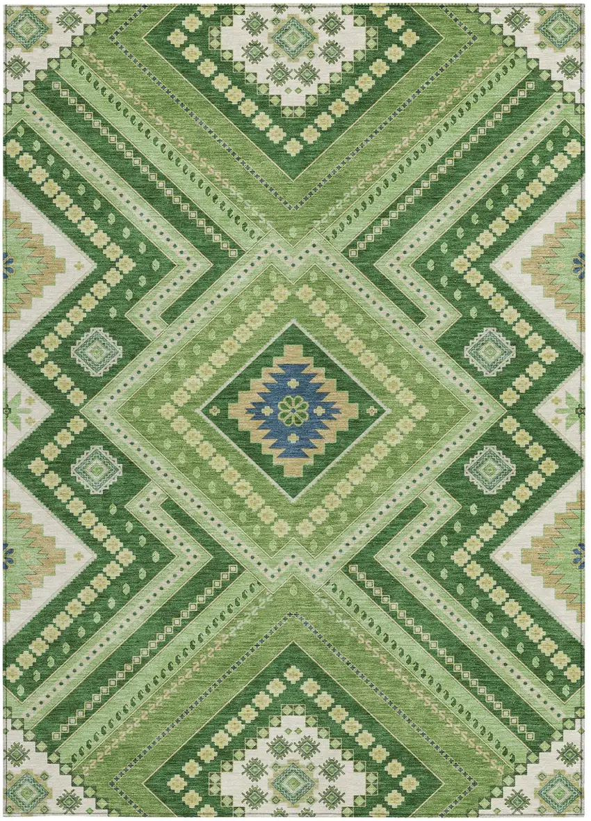Green Ivory And Beige Tribal Washable Indoor Outdoor Area Rug Photo 6