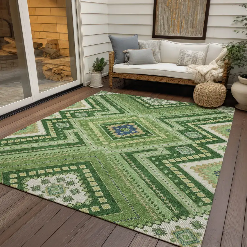 Green Ivory And Beige Tribal Washable Indoor Outdoor Area Rug Photo 7