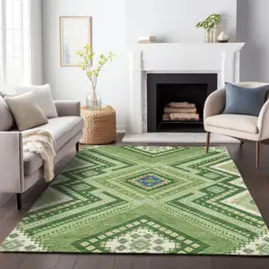 Photo of Green Ivory And Beige Tribal Washable Indoor Outdoor Area Rug