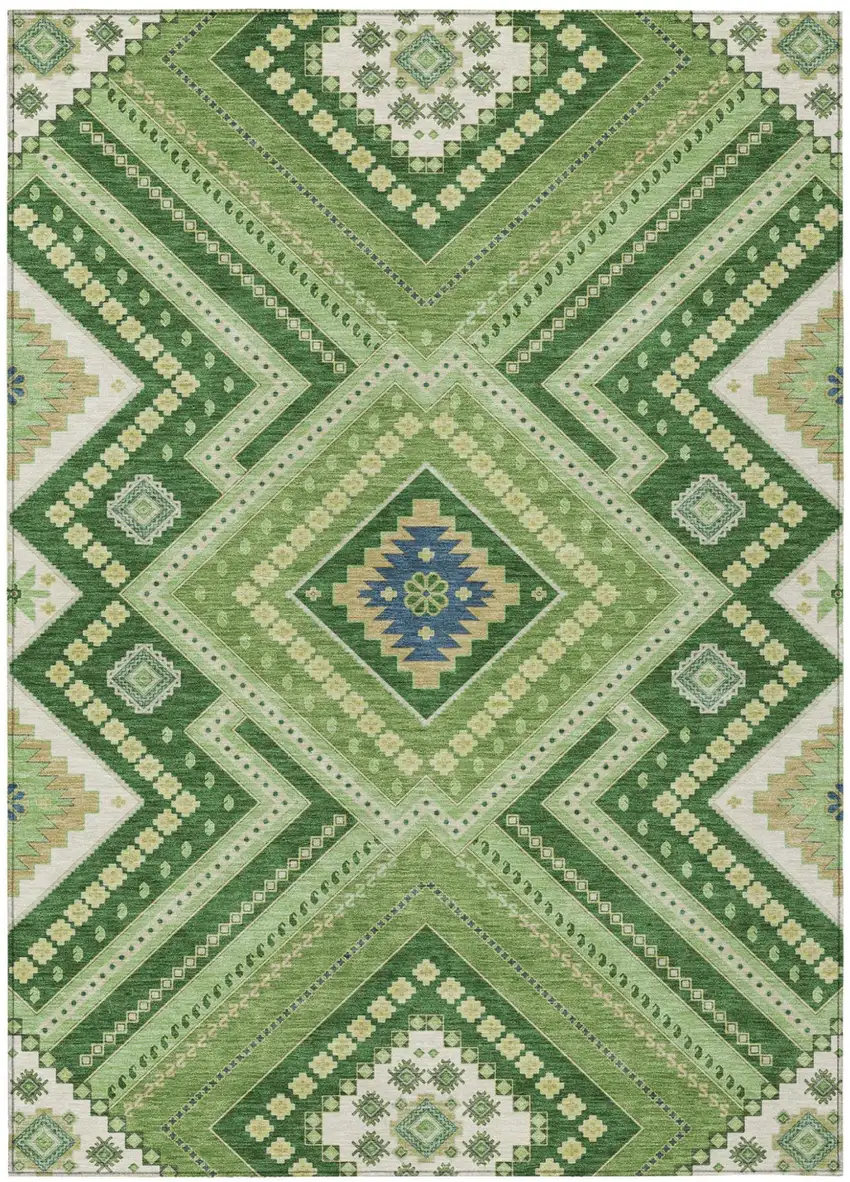 Green Ivory And Beige Tribal Washable Indoor Outdoor Area Rug Photo 2