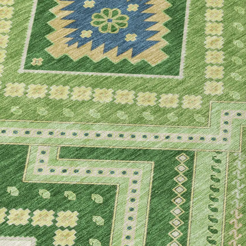 Green Ivory And Beige Tribal Washable Indoor Outdoor Area Rug Photo 3