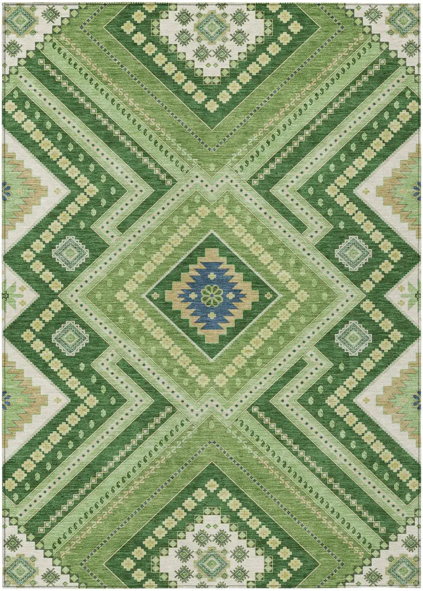 Green Ivory And Beige Tribal Washable Indoor Outdoor Area Rug Photo 2