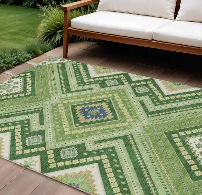 Green Ivory And Beige Tribal Washable Indoor Outdoor Area Rug Photo 1