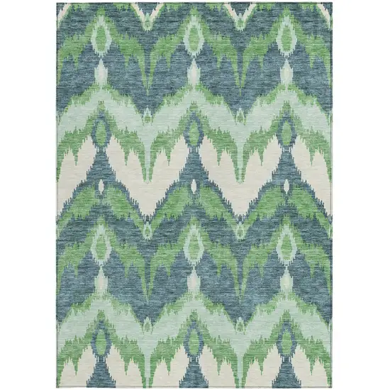 Green Ivory And Blue Ikat Washable Indoor Outdoor Area Rug Photo 6