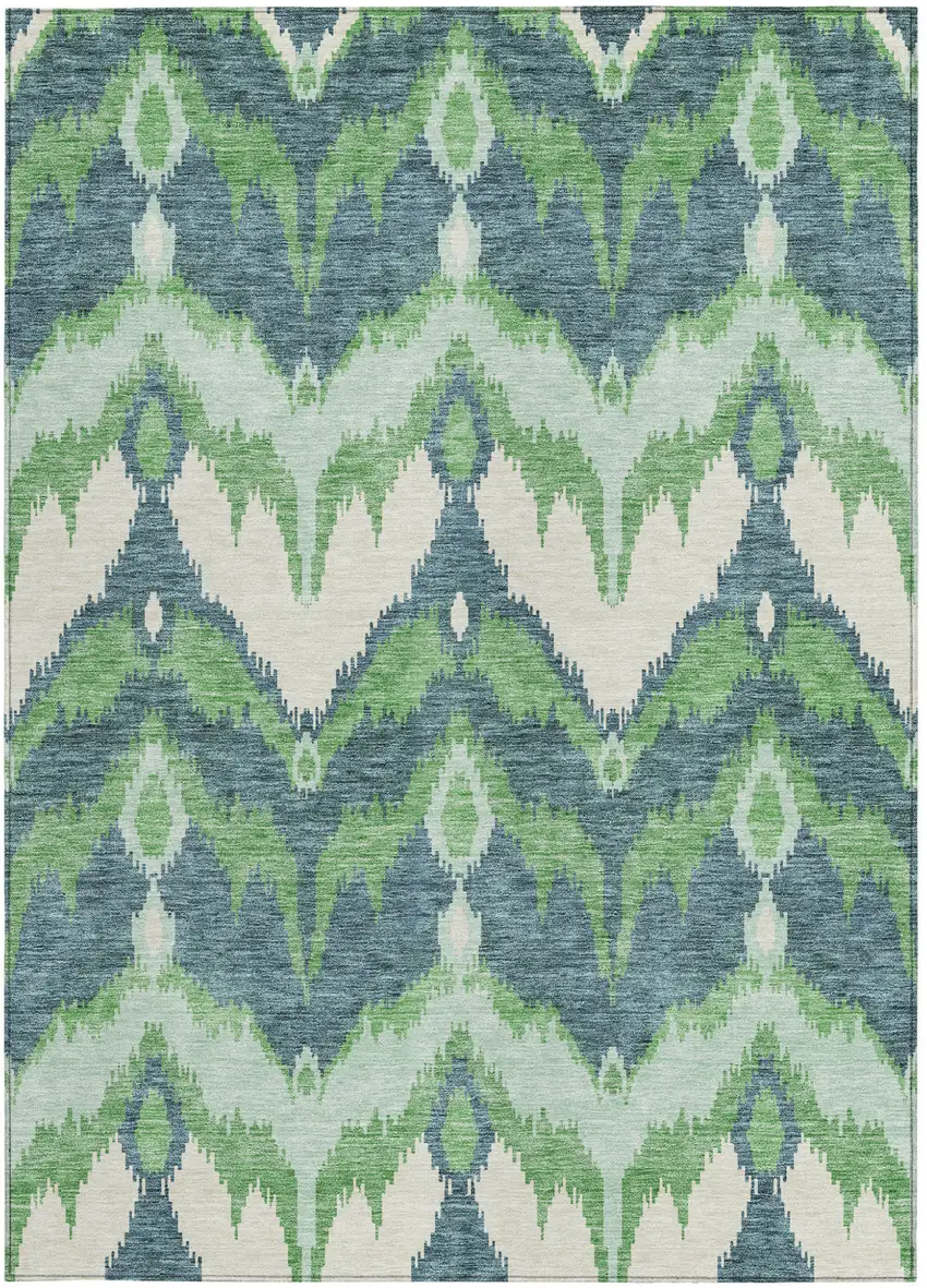 Green Ivory And Blue Ikat Washable Indoor Outdoor Area Rug Photo 6