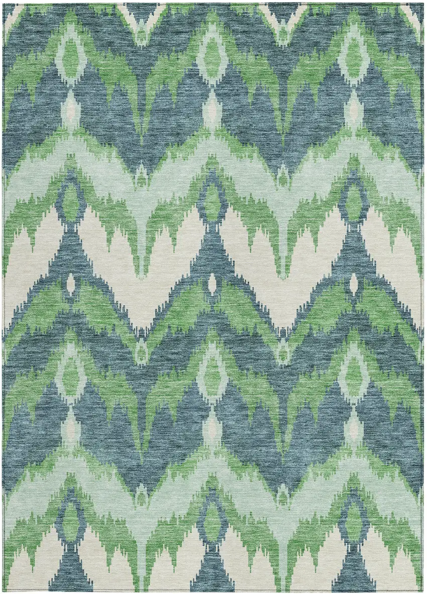 Green Ivory And Blue Ikat Washable Indoor Outdoor Area Rug Photo 6
