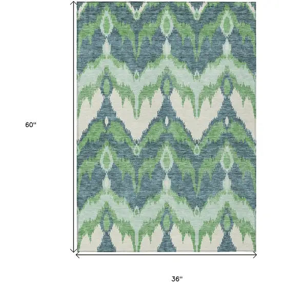 Green Ivory And Blue Ikat Washable Indoor Outdoor Area Rug Photo 3