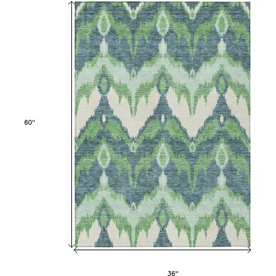 Green Ivory And Blue Ikat Washable Indoor Outdoor Area Rug Photo 3