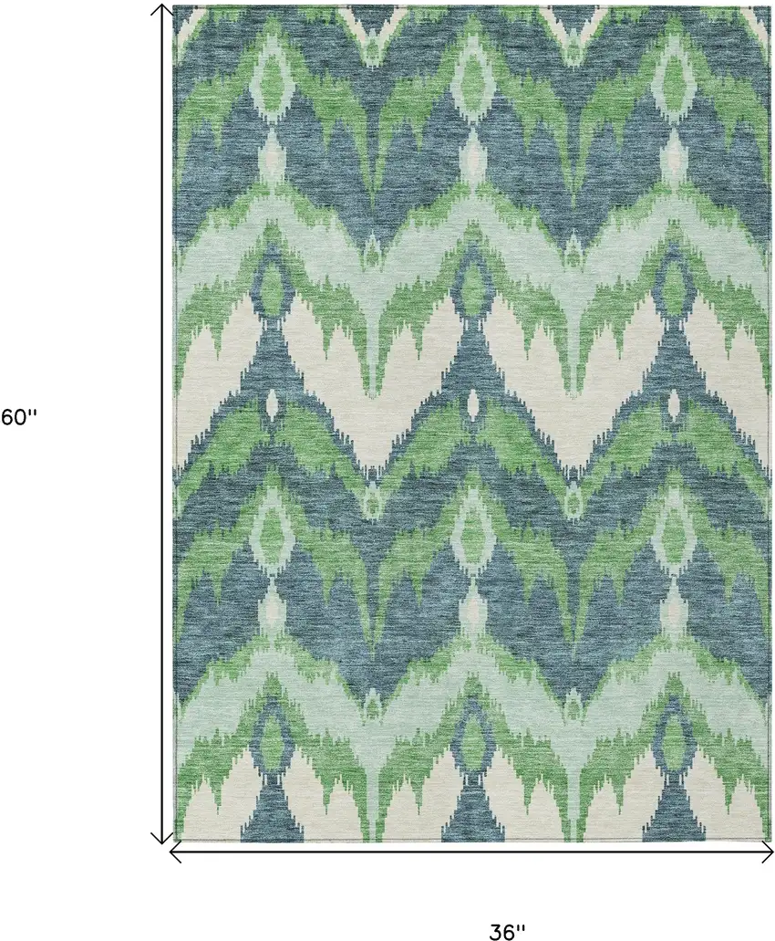 Green Ivory And Blue Ikat Washable Indoor Outdoor Area Rug Photo 3