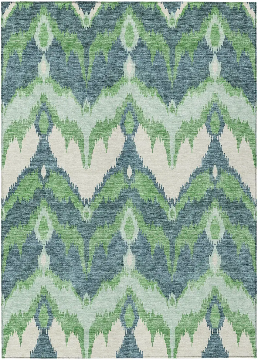 Green Ivory And Blue Ikat Washable Indoor Outdoor Area Rug Photo 1