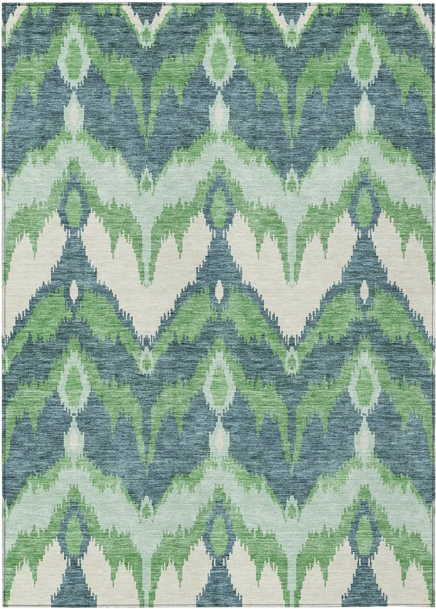 Green Ivory And Blue Ikat Washable Indoor Outdoor Area Rug Photo 1