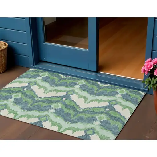 Green Ivory And Blue Ikat Washable Indoor Outdoor Area Rug Photo 1