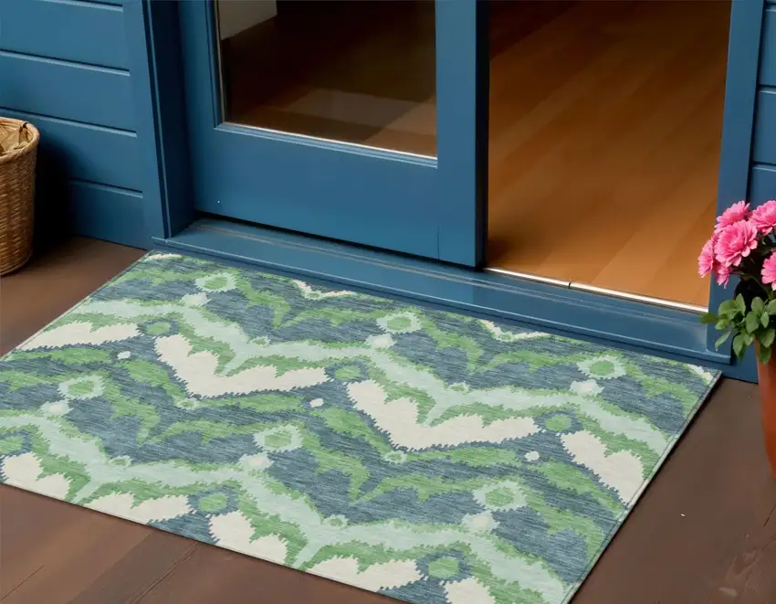 Green Ivory And Blue Ikat Washable Indoor Outdoor Area Rug Photo 1
