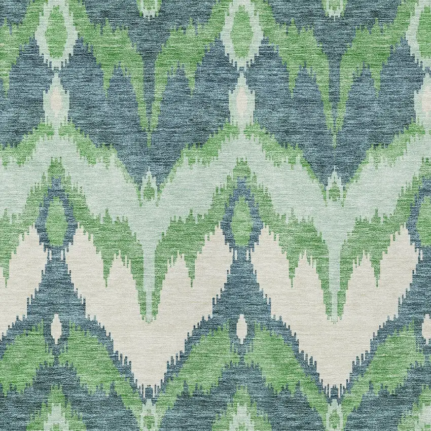 Green Ivory And Blue Ikat Washable Indoor Outdoor Area Rug Photo 5