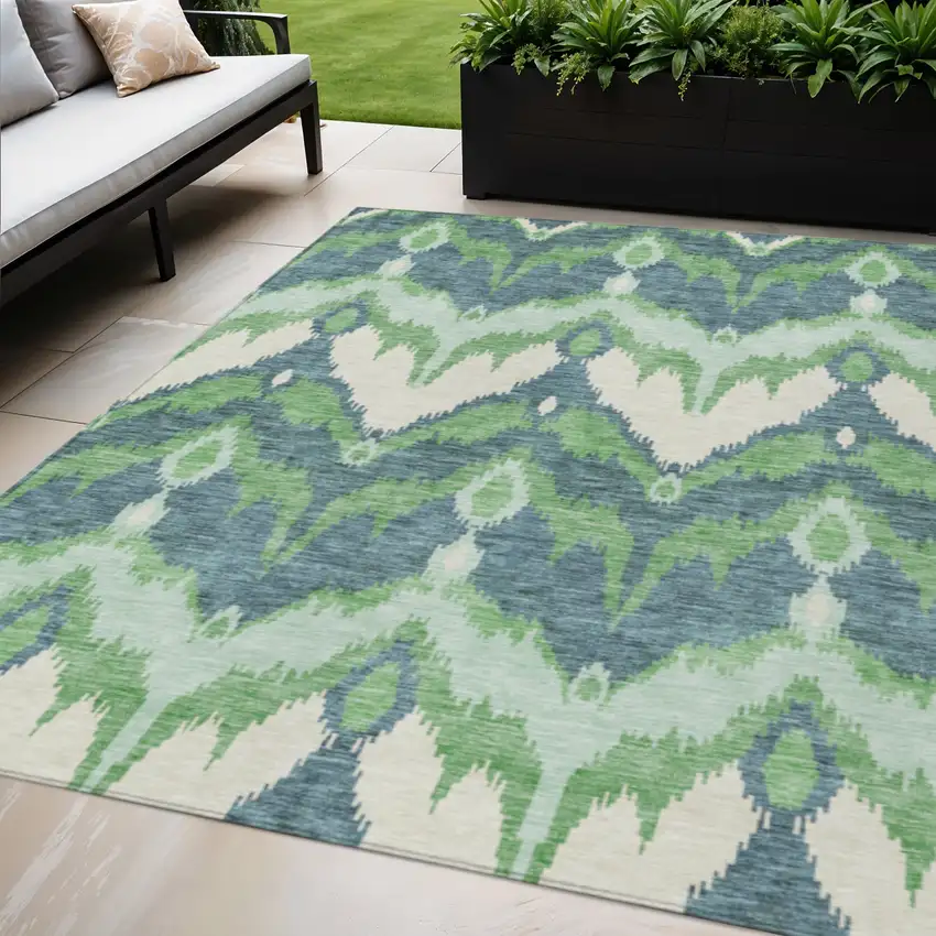 Green Ivory And Blue Ikat Washable Indoor Outdoor Area Rug Photo 1