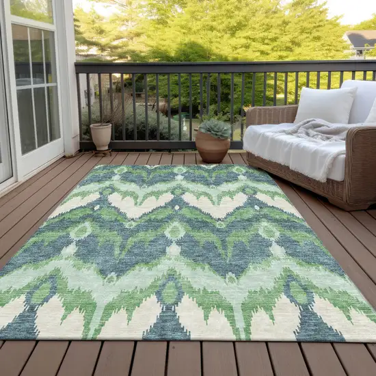 Green Ivory And Blue Ikat Washable Indoor Outdoor Area Rug Photo 7
