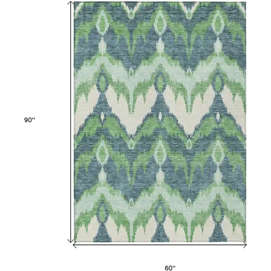 Green Ivory And Blue Ikat Washable Indoor Outdoor Area Rug Photo 3
