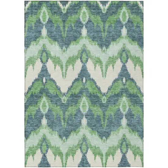 Green Ivory And Blue Ikat Washable Indoor Outdoor Area Rug Photo 1