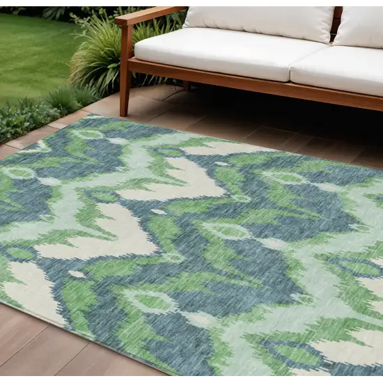 Green Ivory And Blue Ikat Washable Indoor Outdoor Area Rug Photo 1