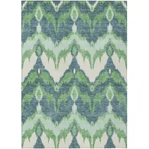 Photo of Green Ivory And Blue Ikat Washable Indoor Outdoor Area Rug
