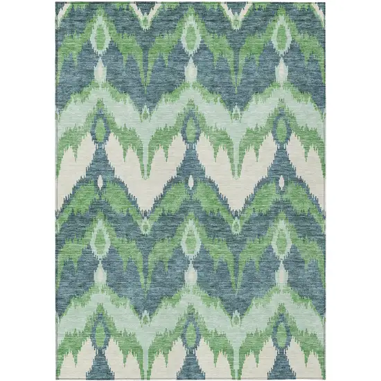 Green Ivory And Blue Ikat Washable Indoor Outdoor Area Rug Photo 1