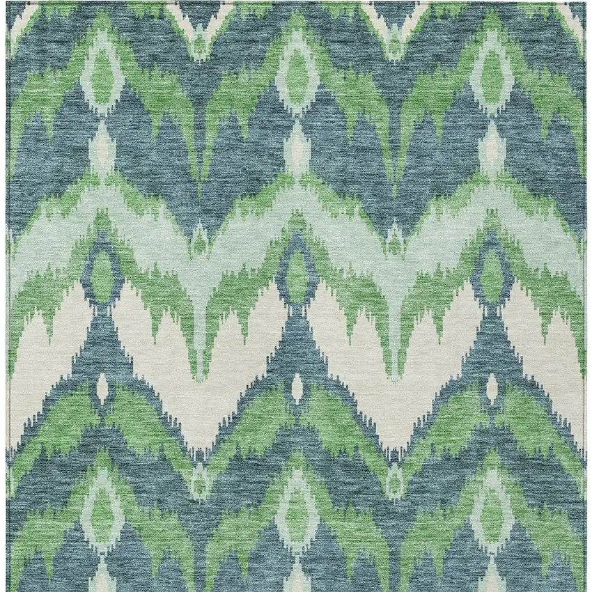 Green Ivory And Blue Ikat Washable Indoor Outdoor Area Rug Photo 6