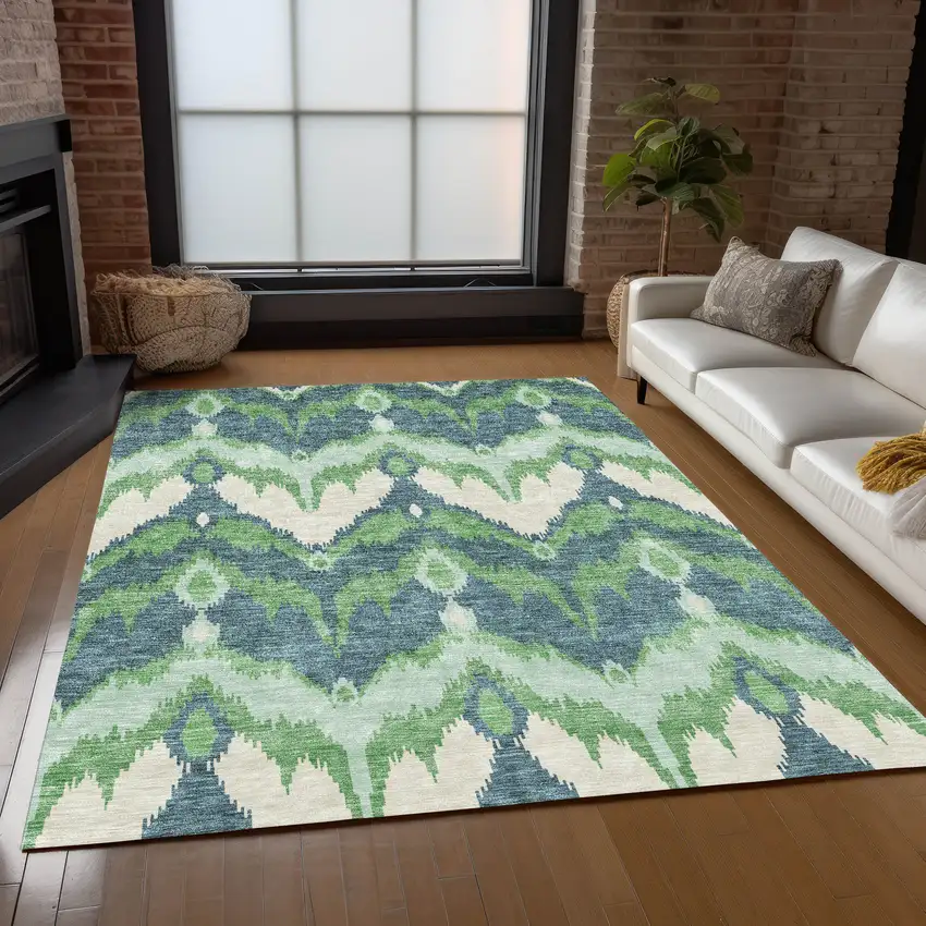 Green Ivory And Blue Ikat Washable Indoor Outdoor Area Rug Photo 9