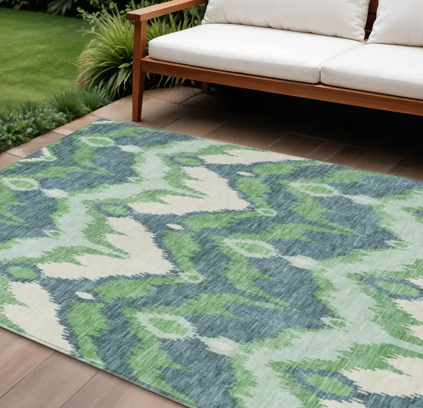Green Ivory And Blue Ikat Washable Indoor Outdoor Area Rug Photo 1