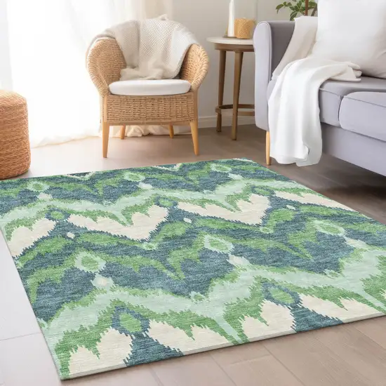Green Ivory And Blue Ikat Washable Indoor Outdoor Area Rug Photo 8