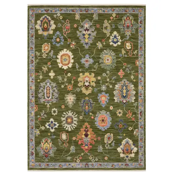 Green Ivory And Blue Oriental Area Rug With Fringe Photo 2