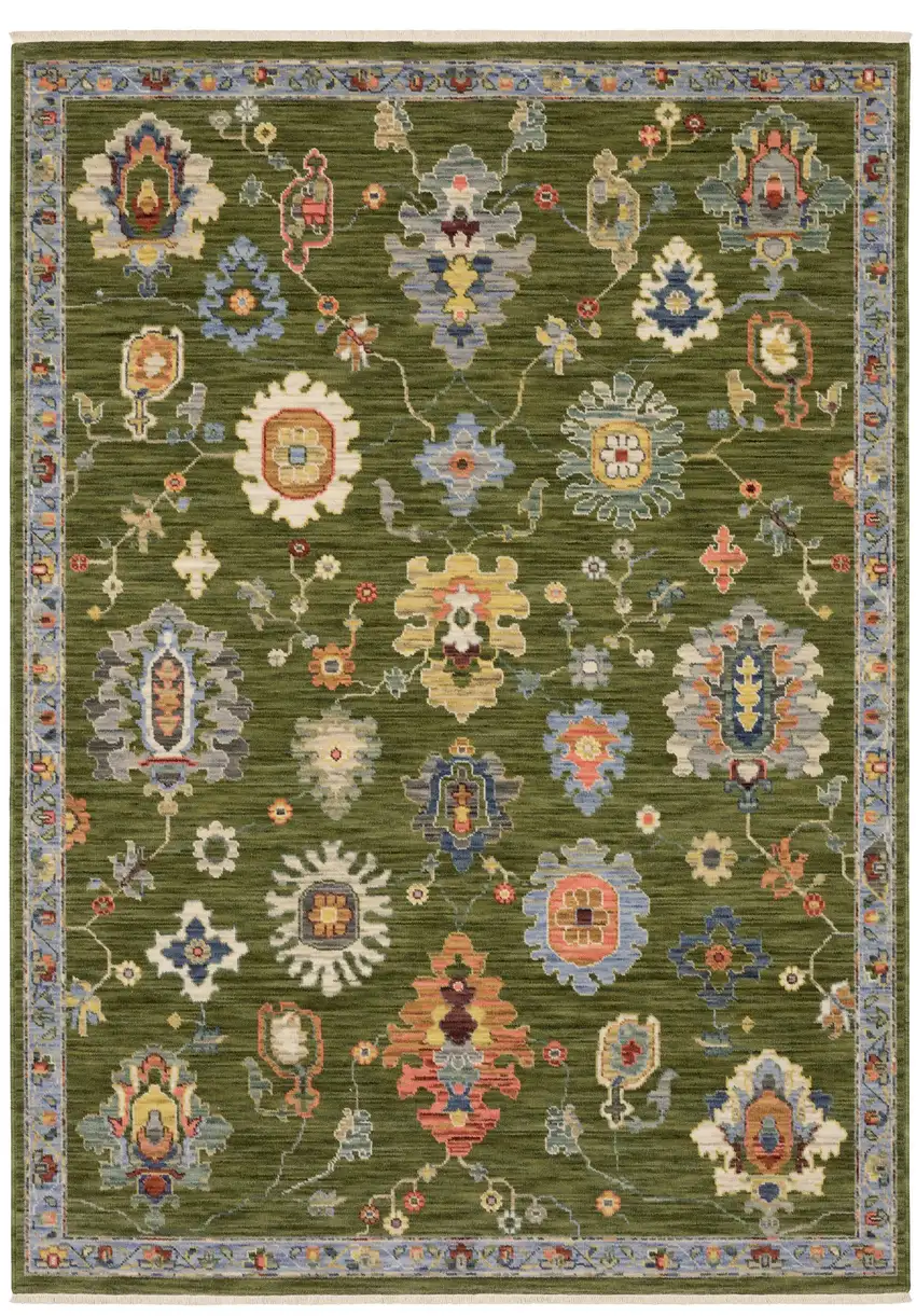 Green Ivory And Blue Oriental Area Rug With Fringe Photo 2