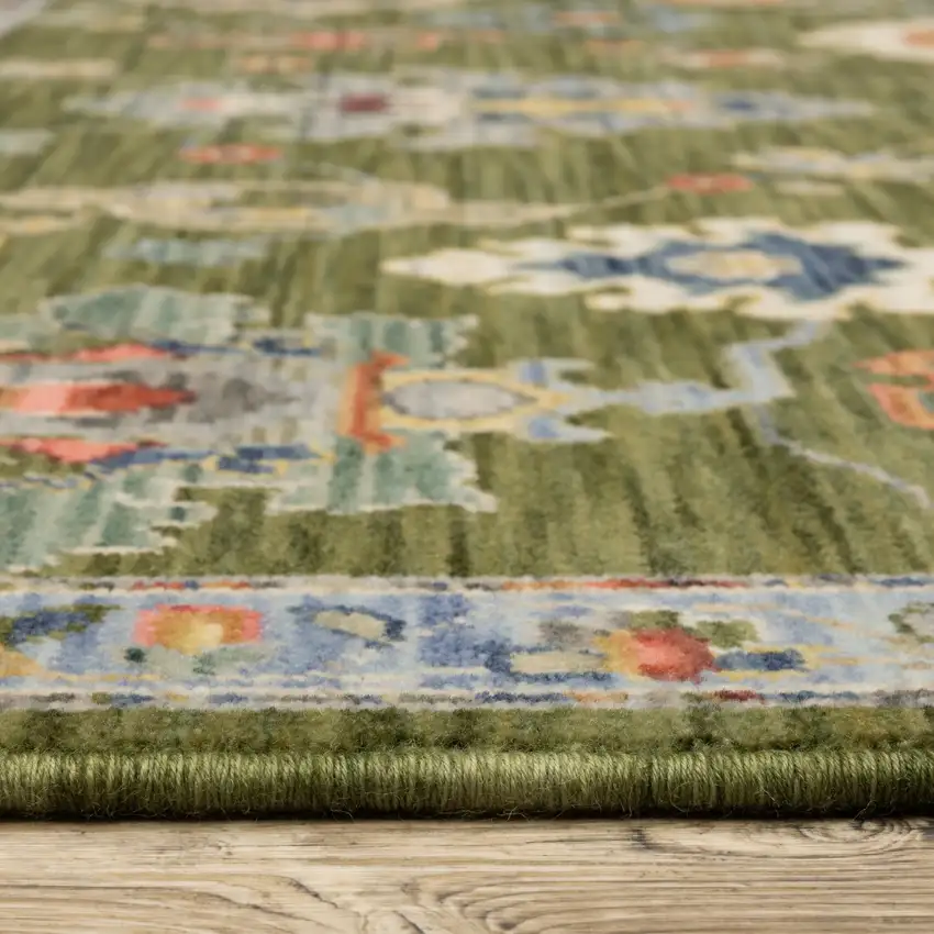 Green Ivory And Blue Oriental Area Rug With Fringe Photo 6