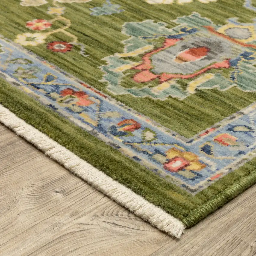 Green Ivory And Blue Oriental Area Rug With Fringe Photo 8