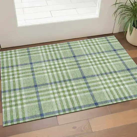 Green Ivory And Blue Plaid Washable Area Rug With UV Protection Photo 1