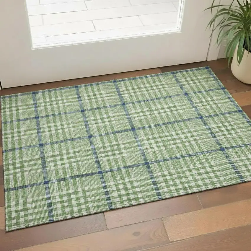 Green Ivory And Blue Plaid Washable Area Rug With UV Protection Photo 2