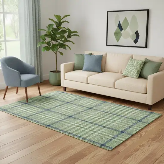 Green Ivory And Blue Plaid Washable Area Rug With UV Protection Photo 2