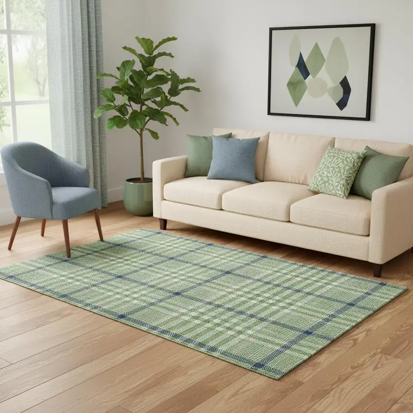 Green Ivory And Blue Plaid Washable Area Rug With UV Protection Photo 2