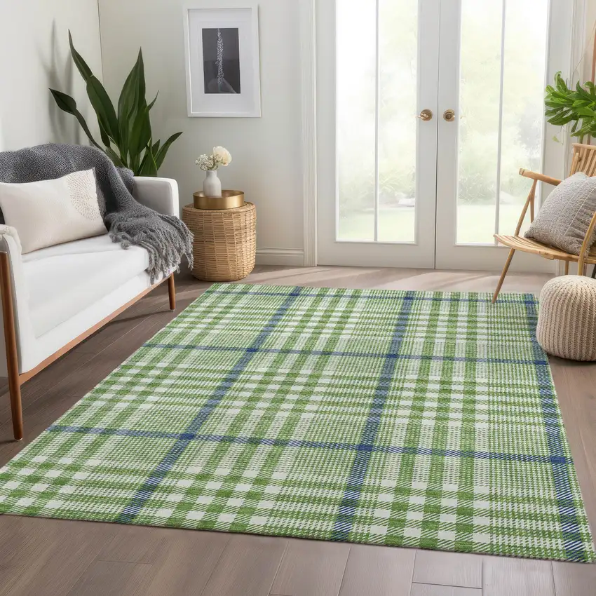 Green Ivory And Blue Plaid Washable Area Rug With UV Protection Photo 5