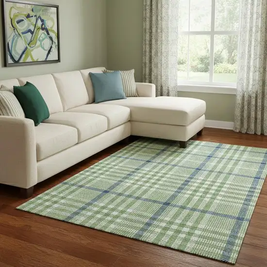 Green Ivory And Blue Plaid Washable Area Rug With UV Protection Photo 2