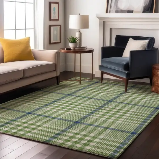 Green Ivory And Blue Plaid Washable Area Rug With UV Protection Photo 4