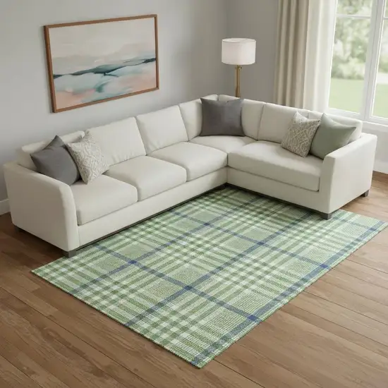 Green Ivory And Blue Plaid Washable Area Rug With UV Protection Photo 2