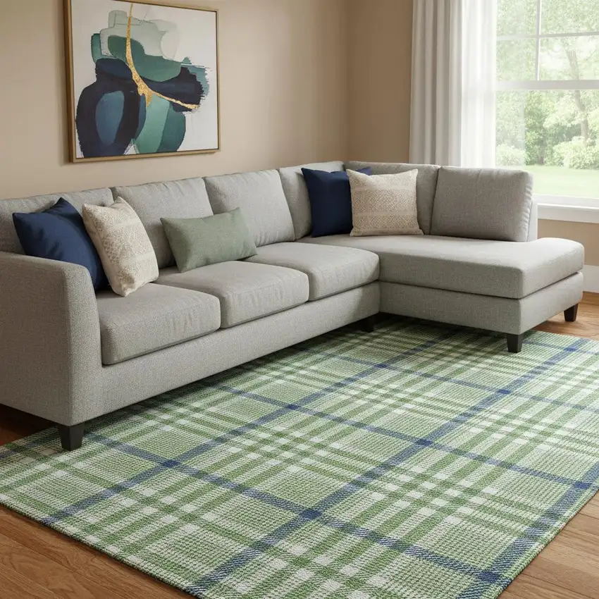 Green Ivory And Blue Plaid Washable Area Rug With UV Protection Photo 2