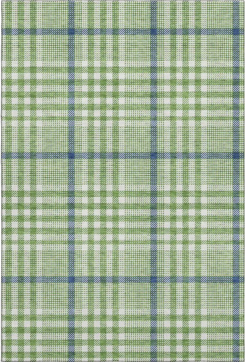 Green Ivory And Blue Plaid Washable Area Rug With UV Protection Photo 1