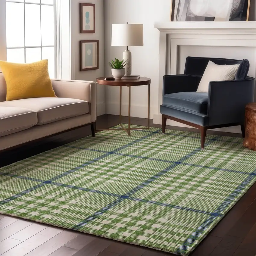 Green Ivory And Blue Plaid Washable Area Rug With UV Protection Photo 4
