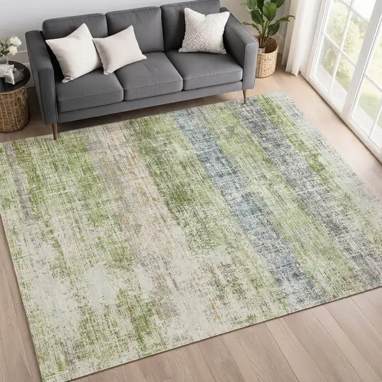 Green Ivory And Blue Striped Washable Indoor Outdoor Area Rug Photo 5