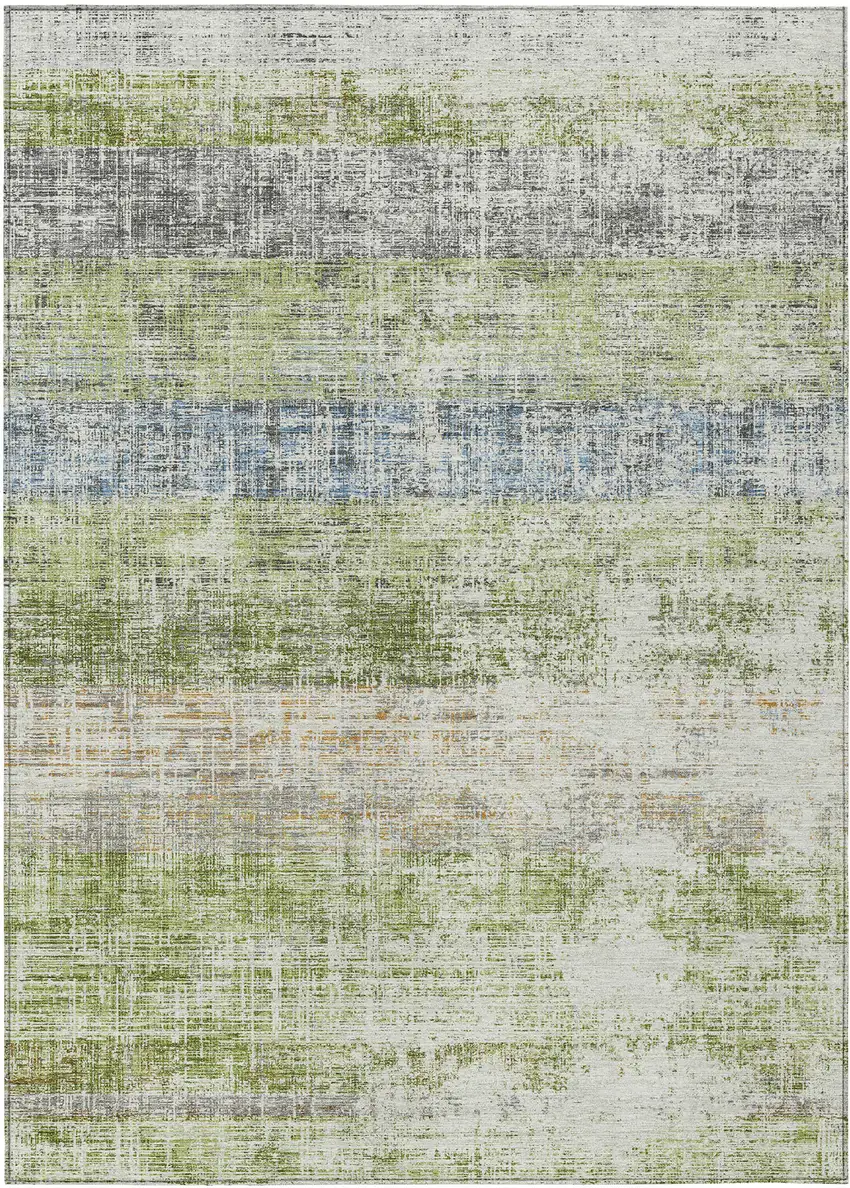 Green Ivory And Blue Striped Washable Indoor Outdoor Area Rug Photo 1