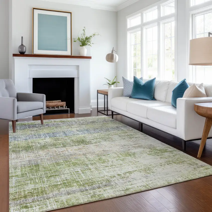 Green Ivory And Blue Striped Washable Indoor Outdoor Area Rug Photo 6