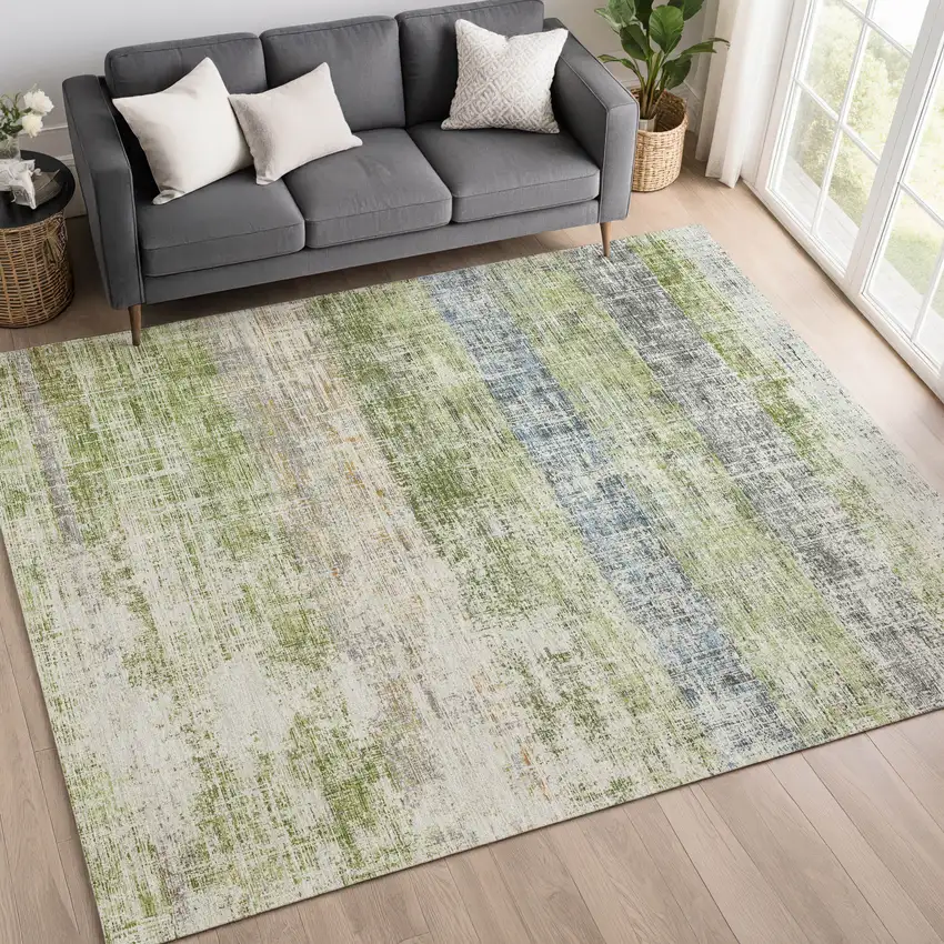Green Ivory And Blue Striped Washable Indoor Outdoor Area Rug Photo 5