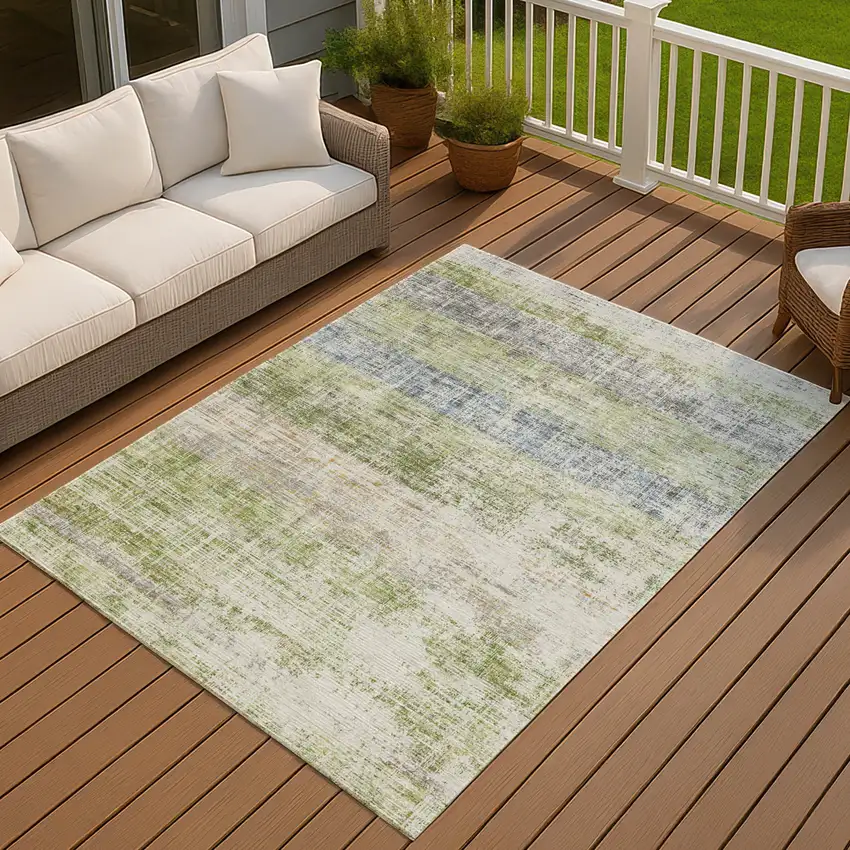 Green Ivory And Blue Striped Washable Indoor Outdoor Area Rug Photo 4